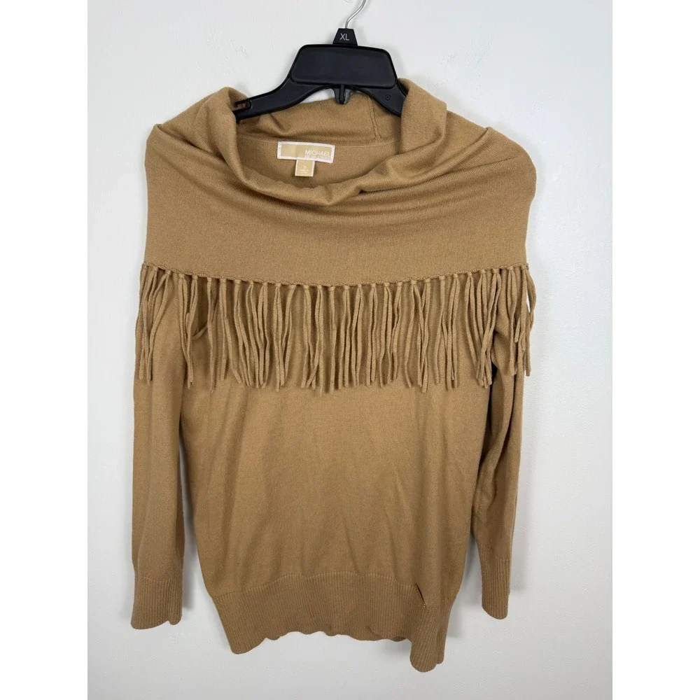 Michael Kors Womens Camel Tan Cowl Neck Fringe Trim Angora Blend Sweater Small